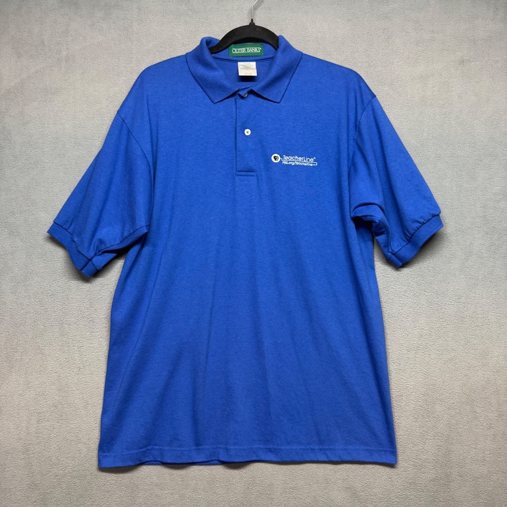 Vintage 90s Outer Banks Polo Shirt PBS TeacherLine Logo Short Sleeve Medium Blue